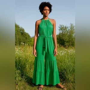 Anthropologie Greylin Green Halter Tiered Wide-Leg Jumpsuit XS NWT